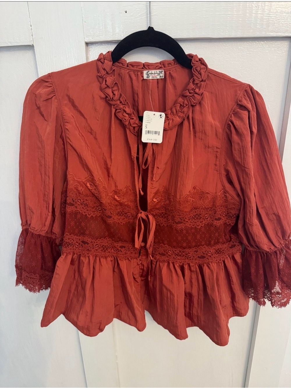 Free People Rust Red Ruffled Lace Peplum Blouse